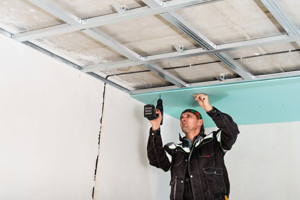 Artisan réalisant la pose d’un plafond en placo sur une ossature métallique